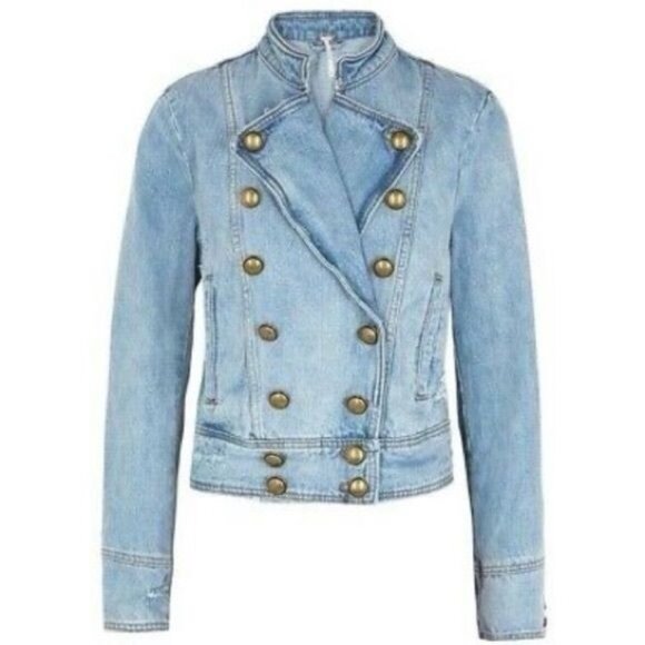 Free People Military Motto Double Breasted Denim Jacket - Picture 4 of 11